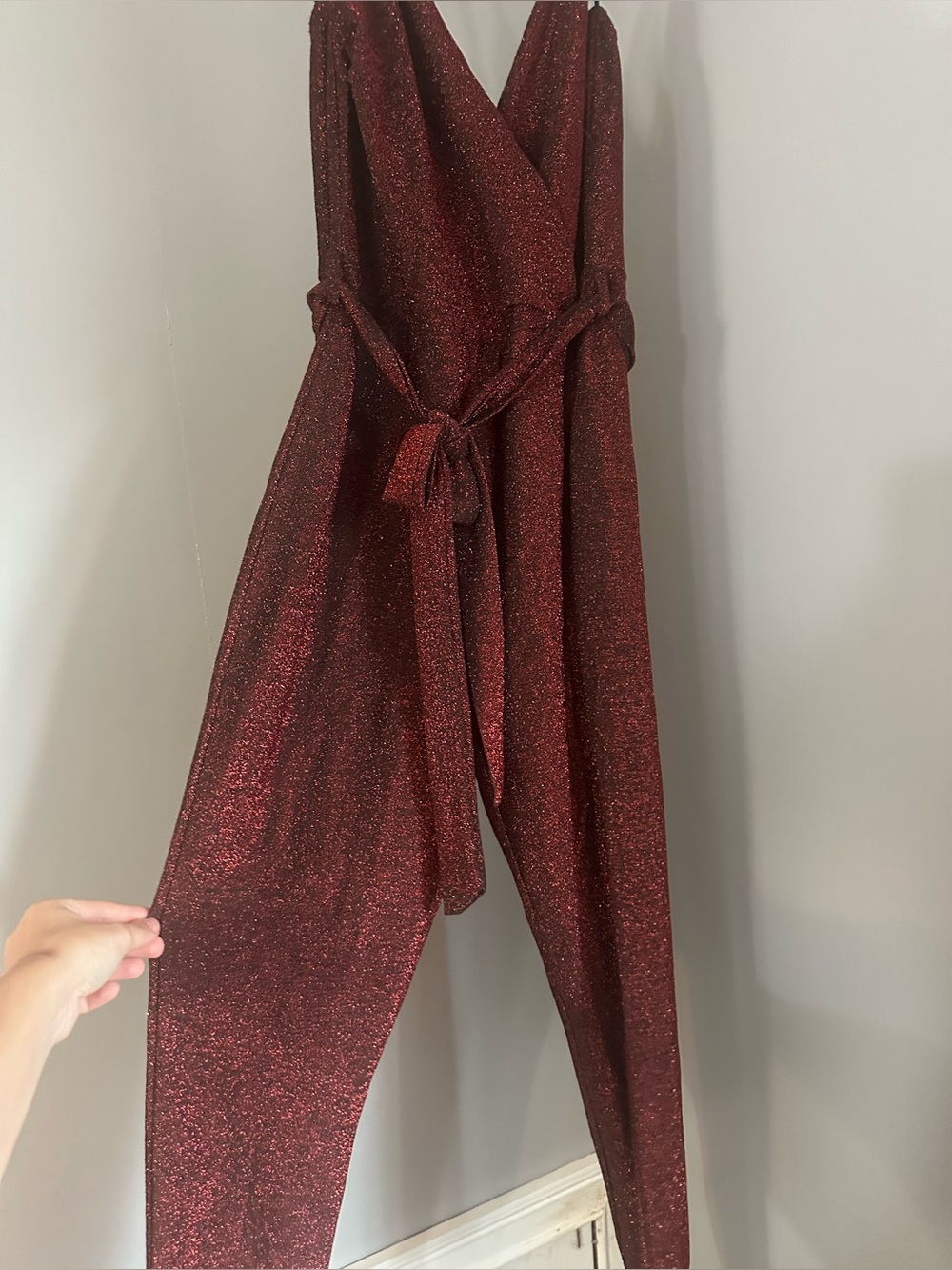 Sparkle Wrap Jumpsuit — Metallic Deep Red